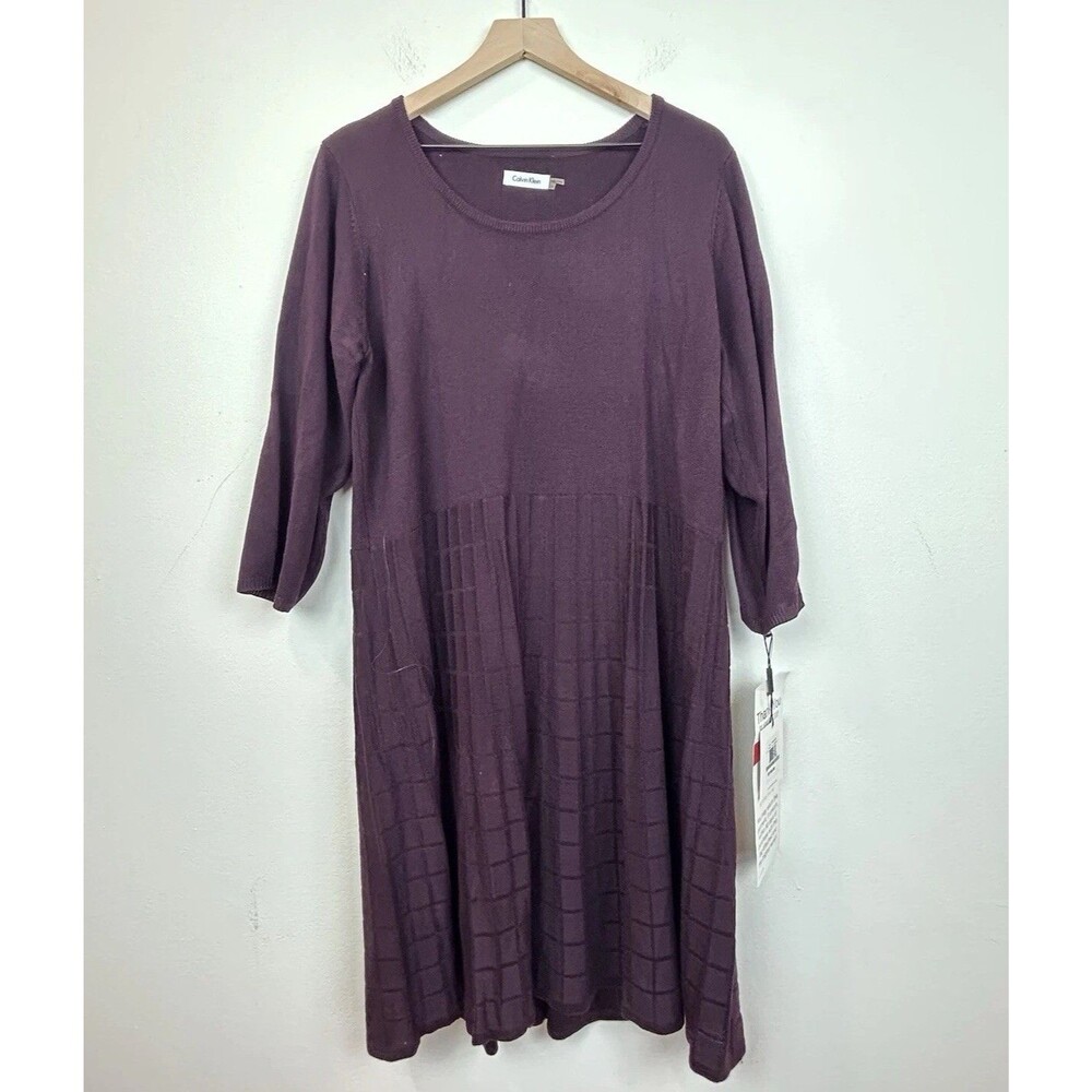 Calvin Klein Knit Sweater Dress Women 1X Burgundy Plum Pleated Tiered Midi NEW